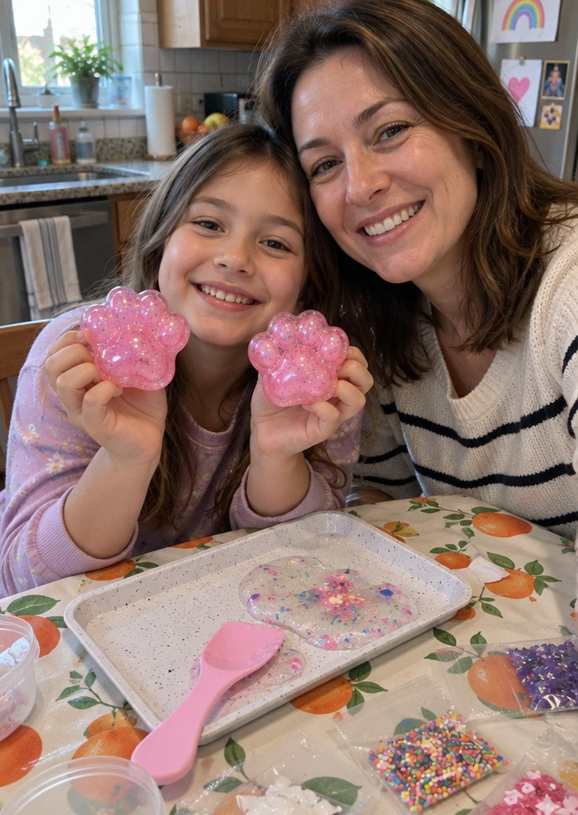Rachel and her daughter with their squishies