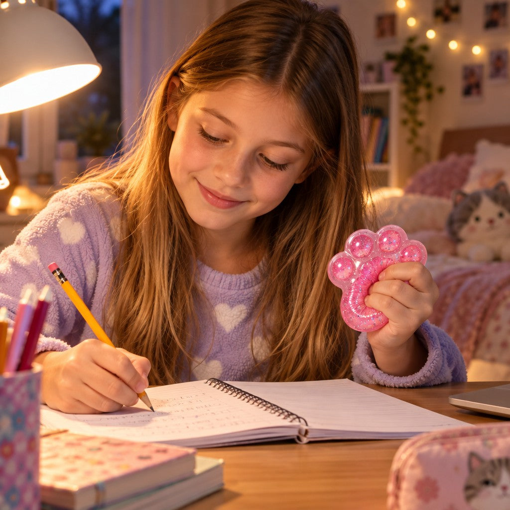Girl squeezing a squishy while doing homework