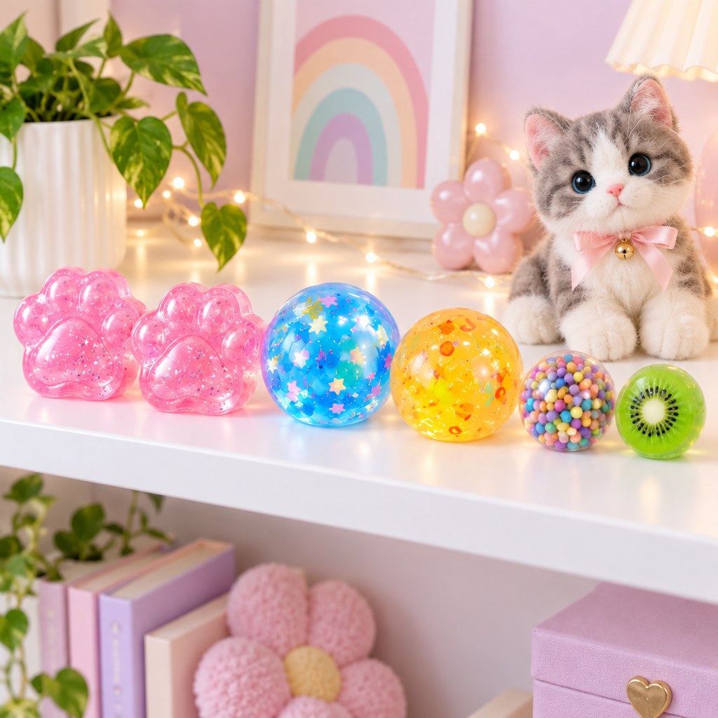 Six Veromly squishies on a bedroom shelf