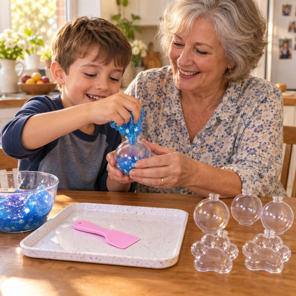 Grandmother and grandson making a squishy